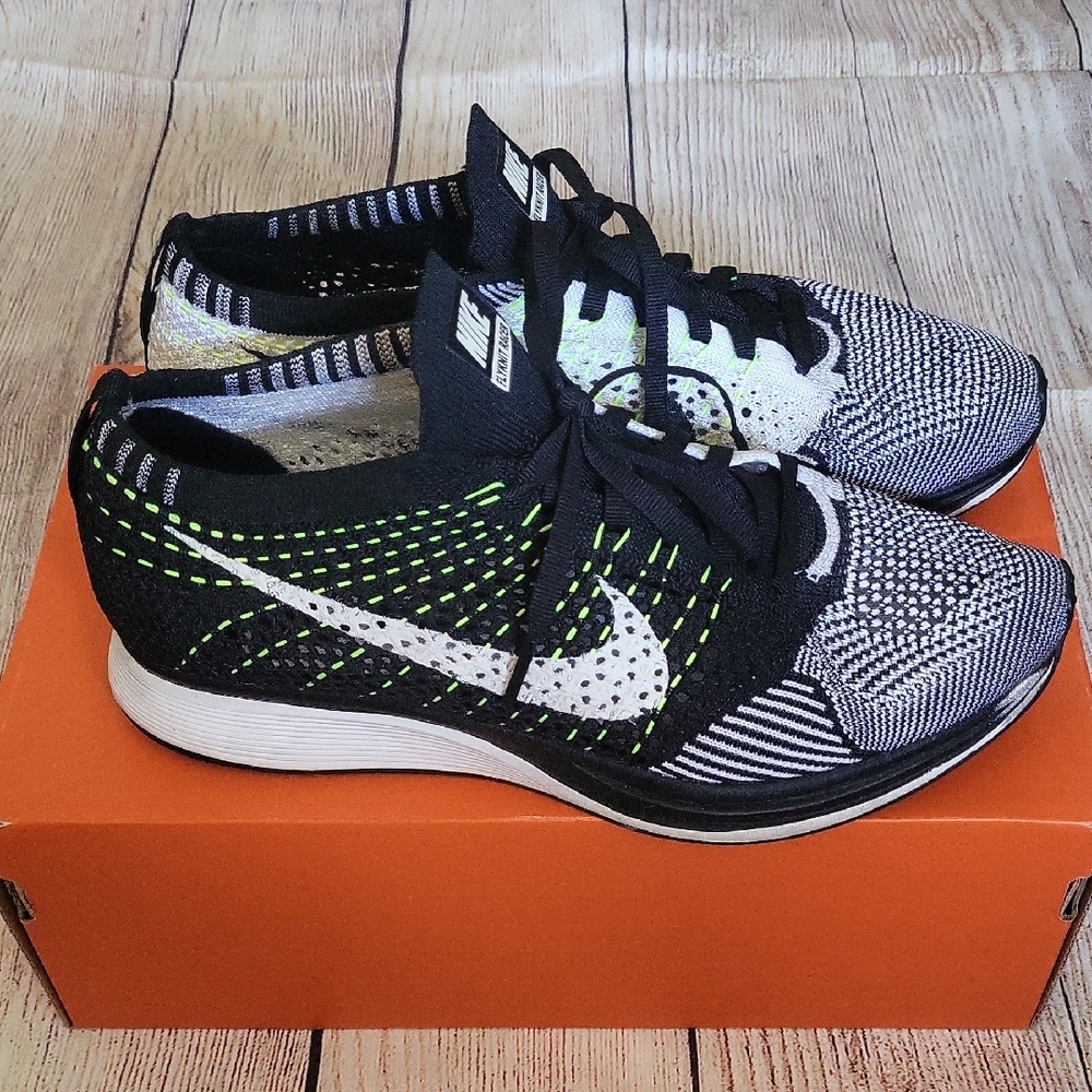 Nike Black and White Flyknit Shoes with Green Accents